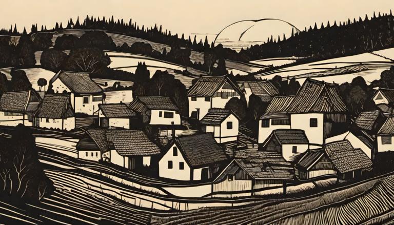 Woodcut,Woodcut, Village, village, monochrome, no humans, house, scenery, tree, outdoors, traditional media