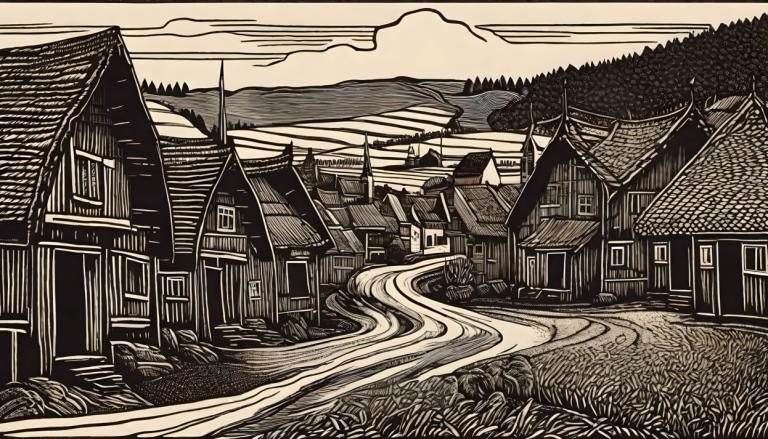 Woodcut,Woodcut, Village, village, no humans, monochrome, scenery, outdoors, house, tree, border, building