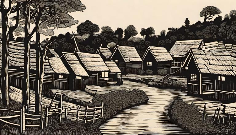 Woodcut,Woodcut, Village, village, no humans, tree, monochrome, scenery, house, grass, outdoors, building