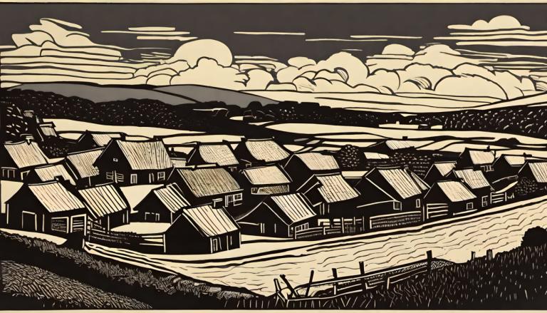 Woodcut,Woodcut, Village, village, no humans, cloud, monochrome, scenery, house, outdoors, sky, building