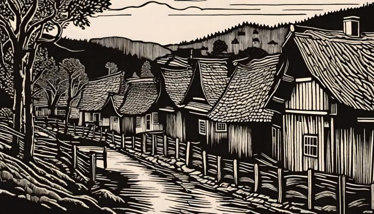 Woodcut,Woodcut, Village, village, monochrome, tree, no humans, scenery, outdoors, east asian architecture