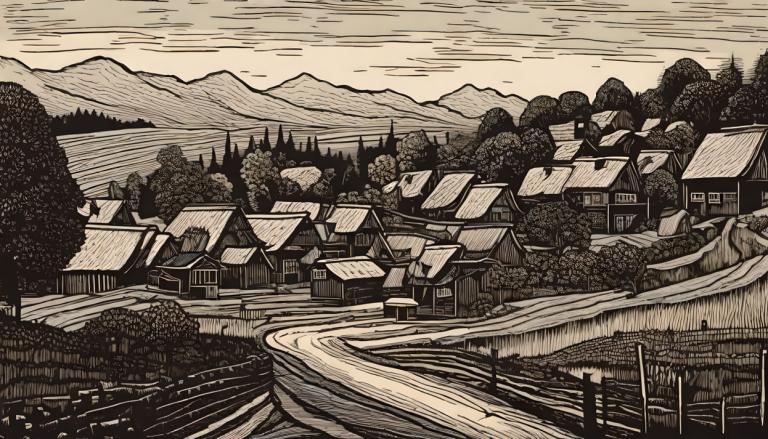 Woodcut,Woodcut, Village, village, scenery, monochrome, no humans, outdoors, tree, house, sky, building