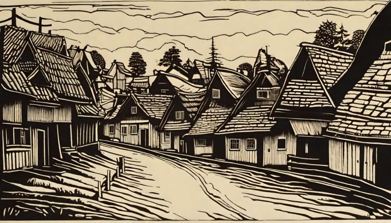 Woodcut,Woodcut, Village, village, monochrome, no humans, scenery, tree, cloud, bridge, outdoors, sky