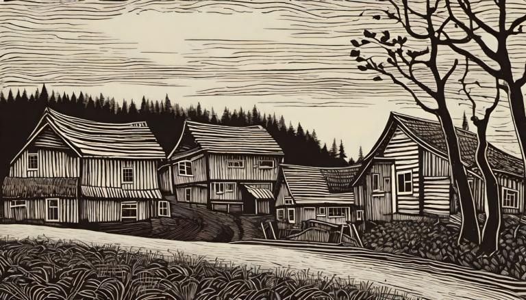 Woodcut,Woodcut, Village, village, no humans, tree, monochrome, scenery, house, outdoors, grass