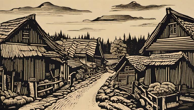 Woodcut,Woodcut, Village, village, no humans, scenery, monochrome, tree, east asian architecture