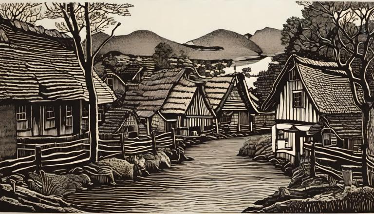 Woodcut,Woodcut, Village, village, monochrome, tree, scenery, no humans, outdoors, east asian architecture