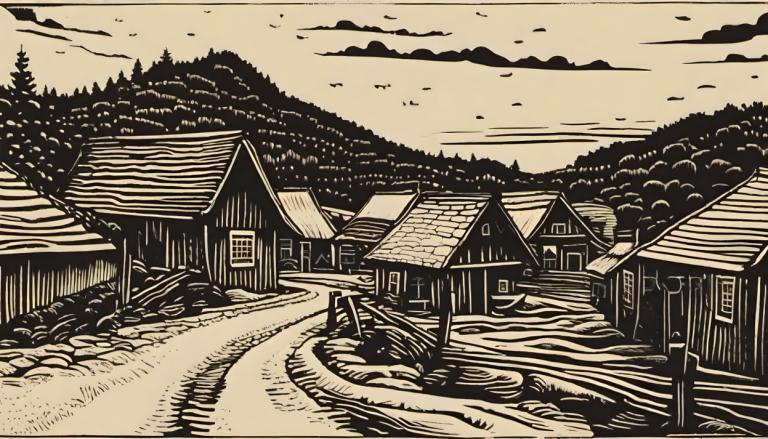 Woodcut,Woodcut, Village, village, monochrome, tree, scenery, house, no humans, outdoors, bird, cloud, sky