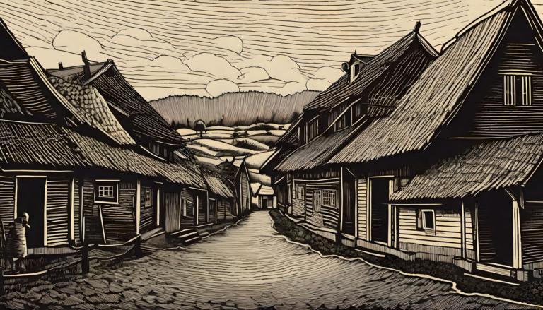 Woodcut,Woodcut, Village, village, monochrome, scenery, cloud, architecture, house, east asian architecture