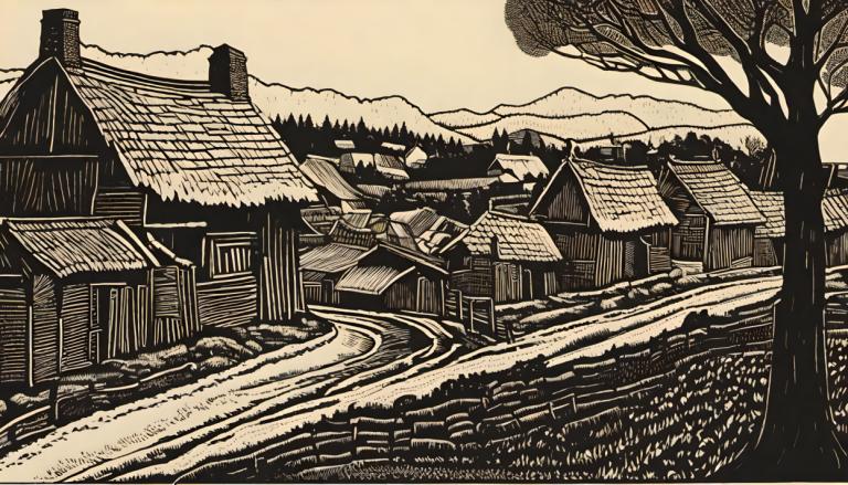 Woodcut,Woodcut, Village, village, tree, no humans, scenery, monochrome, house, outdoors, architecture