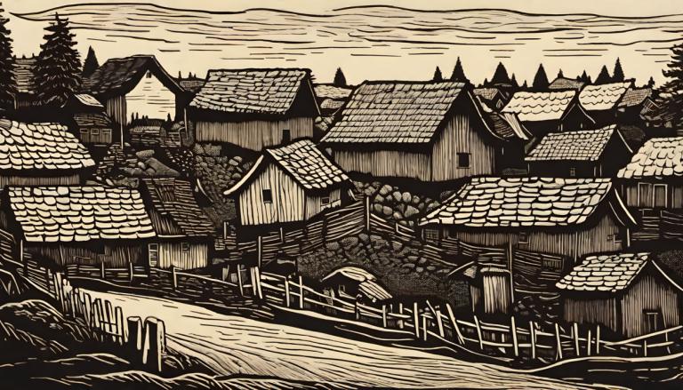 Woodcut,Woodcut, Village, village, no humans, scenery, monochrome, architecture, east asian architecture