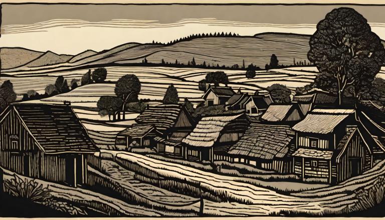 Woodcut,Woodcut, Village, village, tree, monochrome, scenery, house, outdoors, no humans, mountain, sky