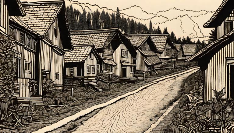 Woodcut,Woodcut, Village, village, no humans, scenery, monochrome, house, outdoors, plant, building, tree