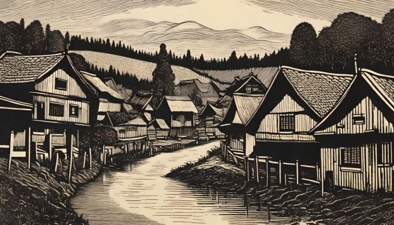 Woodcut,Woodcut, Village, village, scenery, no humans, monochrome, tree, outdoors, house, grass