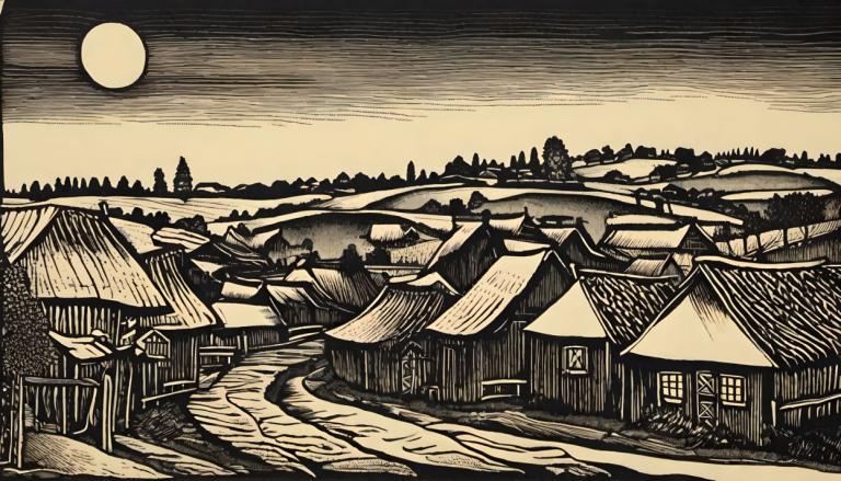 Woodcut,Woodcut, Village, village, monochrome, scenery, no humans, moon, east asian architecture