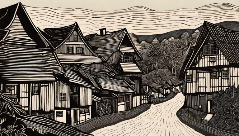 Woodcut,Woodcut, Village, village, monochrome, tree, no humans, scenery, house, east asian architecture