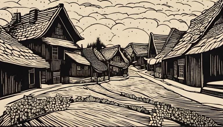 Woodcut,Woodcut, Village, village, monochrome, cloud, no humans, house, tree, outdoors, greyscale, sky