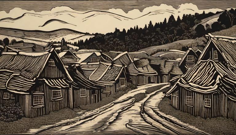 Woodcut,Woodcut, Village, village, no humans, monochrome, scenery, outdoors, tree, east asian architecture