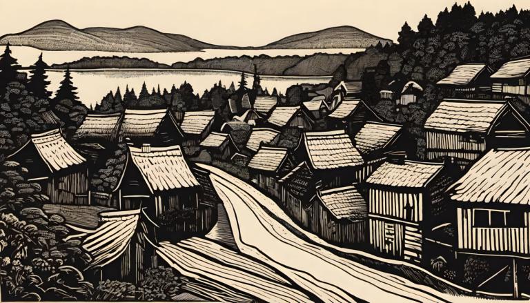 Woodcut,Woodcut, Village, village, scenery, no humans, monochrome, tree, outdoors, east asian architecture