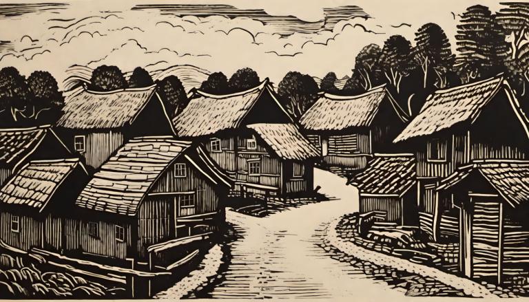 Woodcut,Woodcut, Village, village, no humans, tree, monochrome, scenery, cloud, house, outdoors, architecture