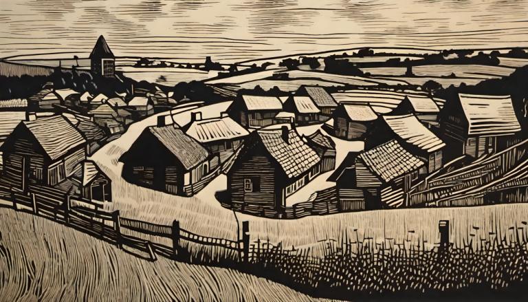 Woodcut,Woodcut, Village, village, monochrome, scenery, grass, outdoors, no humans, house, building, fence