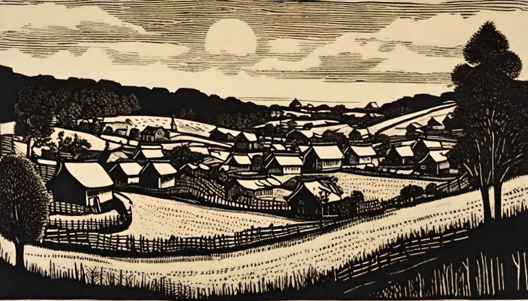 Woodcut,Woodcut, Village, village, tree, monochrome, no humans, outdoors, cloud, scenery, grass