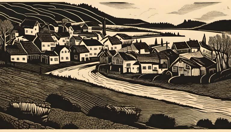 Woodcut,Woodcut, Village, village, tree, monochrome, scenery, outdoors, 1girl, house, traditional media, solo