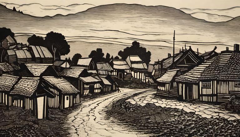 Woodcut,Woodcut, Village, village, no humans, scenery, monochrome, tree, outdoors, house, traditional media