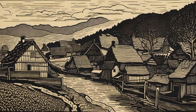 Woodcut,Woodcut, Village, village, tree, monochrome, scenery, no humans, outdoors, east asian architecture