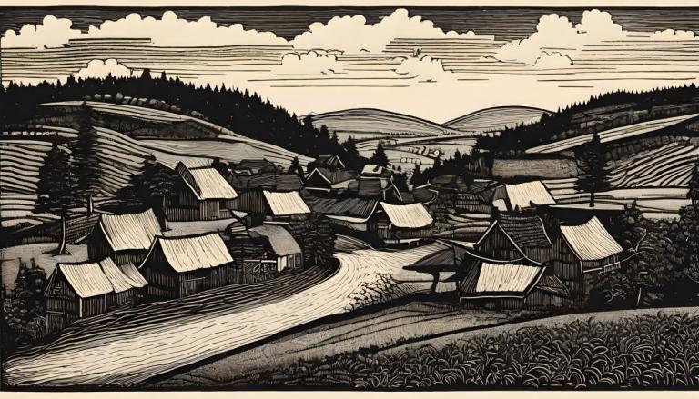 Woodcut,Woodcut, Village, village, monochrome, scenery, no humans, outdoors, cloud, sky, traditional media