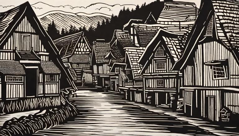 Woodcut,Woodcut, Village, village, monochrome, east asian architecture, architecture, no humans, scenery