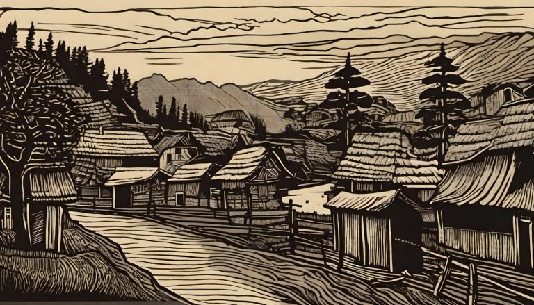 Woodcut,Woodcut, Village, village, monochrome, tree, scenery, no humans, outdoors, east asian architecture