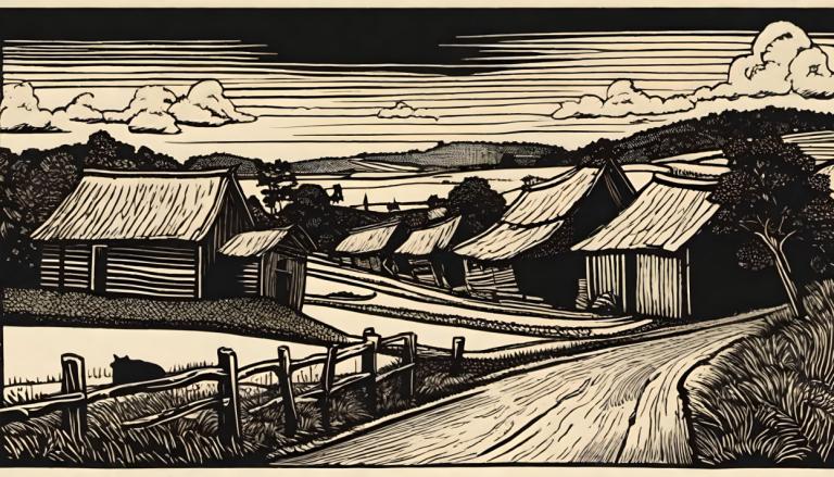 Woodcut,Woodcut, Village, village, monochrome, no humans, scenery, tree, cloud, outdoors, grass, sky, house