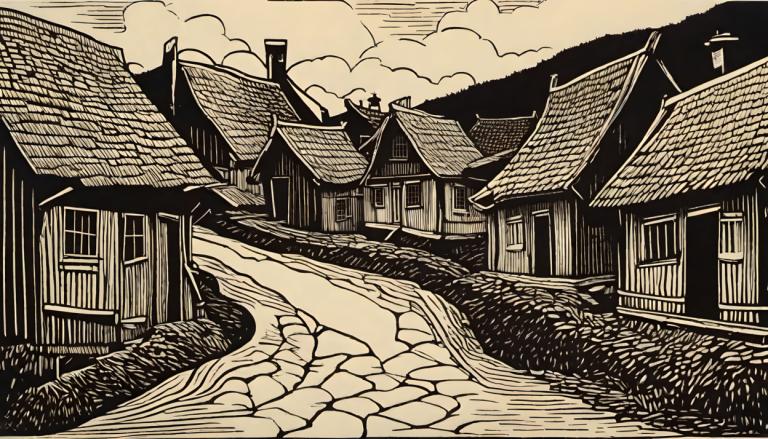 Woodcut,Woodcut, Village, village, no humans, monochrome, house, cloud, scenery, outdoors, architecture, sky