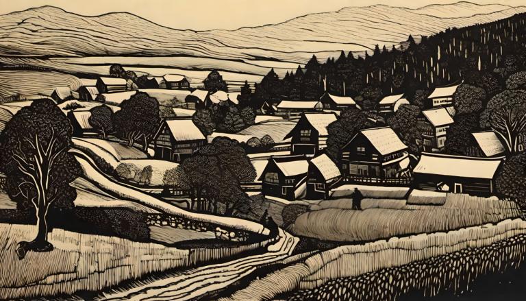 Woodcut,Woodcut, Village, village, monochrome, tree, scenery, outdoors, no humans, traditional media