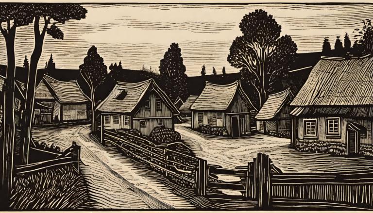 Woodcut,Woodcut, Village, village, tree, no humans, monochrome, scenery, outdoors, house, architecture