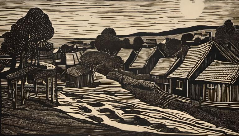 Woodcut,Woodcut, Village, village, monochrome, tree, outdoors, traditional media, no humans, greyscale