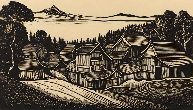 Woodcut,Woodcut, Village, village, no humans, scenery, tree, monochrome, outdoors, east asian architecture