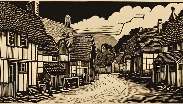 Woodcut,Woodcut, Village, village, monochrome, cloud, outdoors, sky, scenery, no humans, building, house