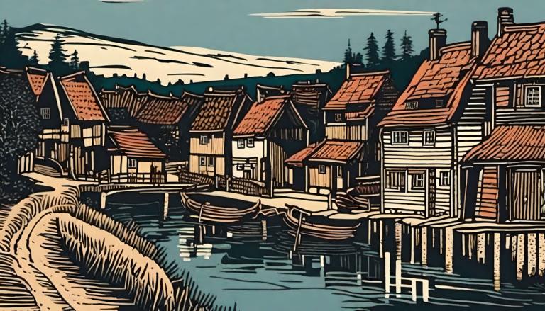 Woodcut,Woodcut, Village, village, no humans, scenery, outdoors, tree, house, sky, water, building, river