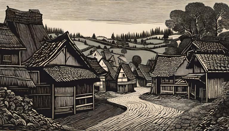 Woodcut,Woodcut, Village, village, tree, monochrome, scenery, no humans, outdoors, architecture