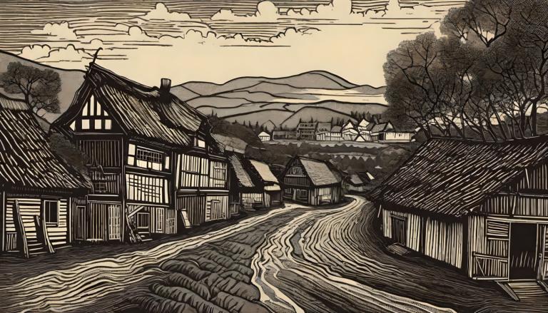 Woodcut,Woodcut, Village, village, no humans, tree, scenery, monochrome, east asian architecture, cloud