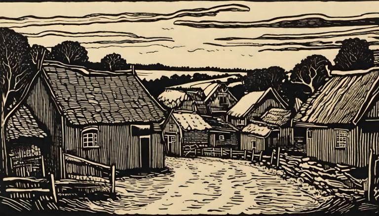 Woodcut,Woodcut, Village, village, monochrome, tree, house, outdoors, cloud, architecture, solo