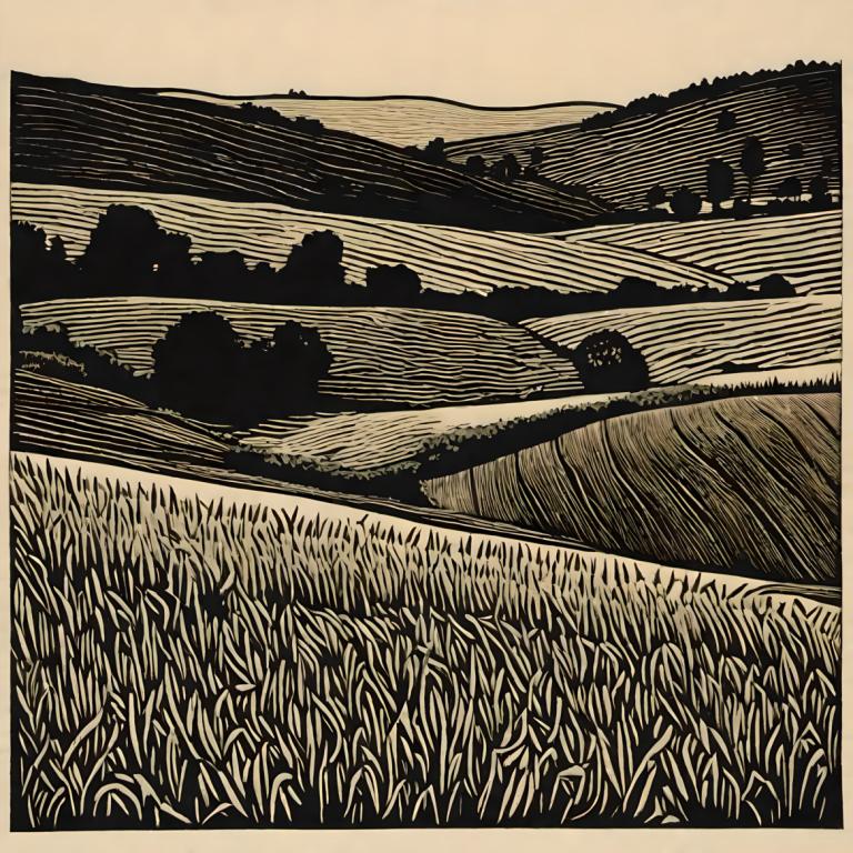 Woodcut,Woodcut, Nature, field, grass, monochrome, no humans, outdoors, border, field, scenery, water