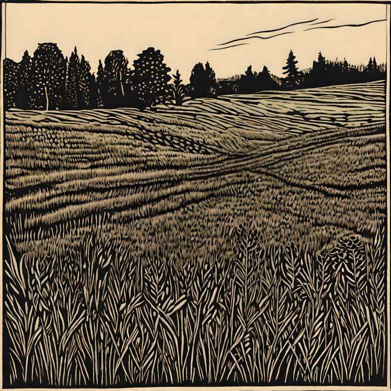 Woodcut,Woodcut, Nature, field, no humans, tree, outdoors, monochrome, grass, scenery, border, sky