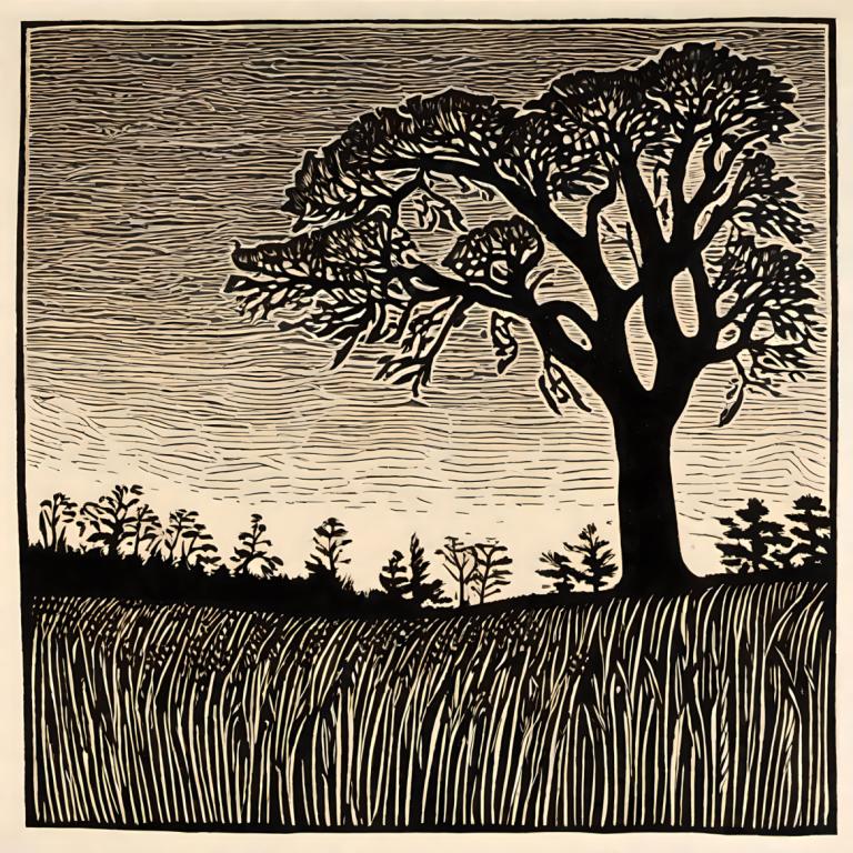 Woodcut,Woodcut, Nature, field, tree, monochrome, no humans, border, outdoors, grass, sky, cloud