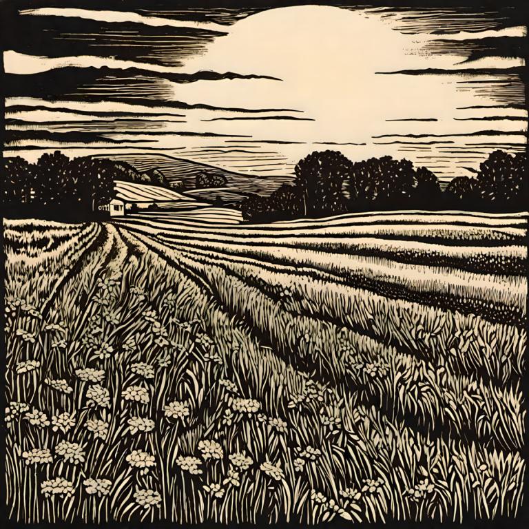 Woodcut,Woodcut, Nature, field, no humans, monochrome, flower, outdoors, scenery, field, sky, grass, cloud