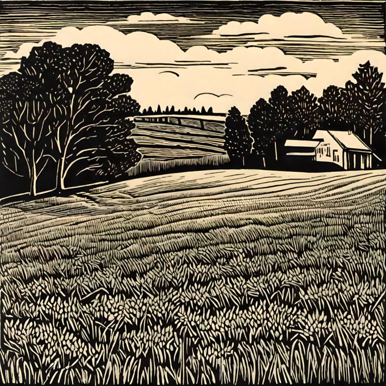 Woodcut,Woodcut, Nature, field, monochrome, tree, no humans, cloud, greyscale, outdoors, sky, flower