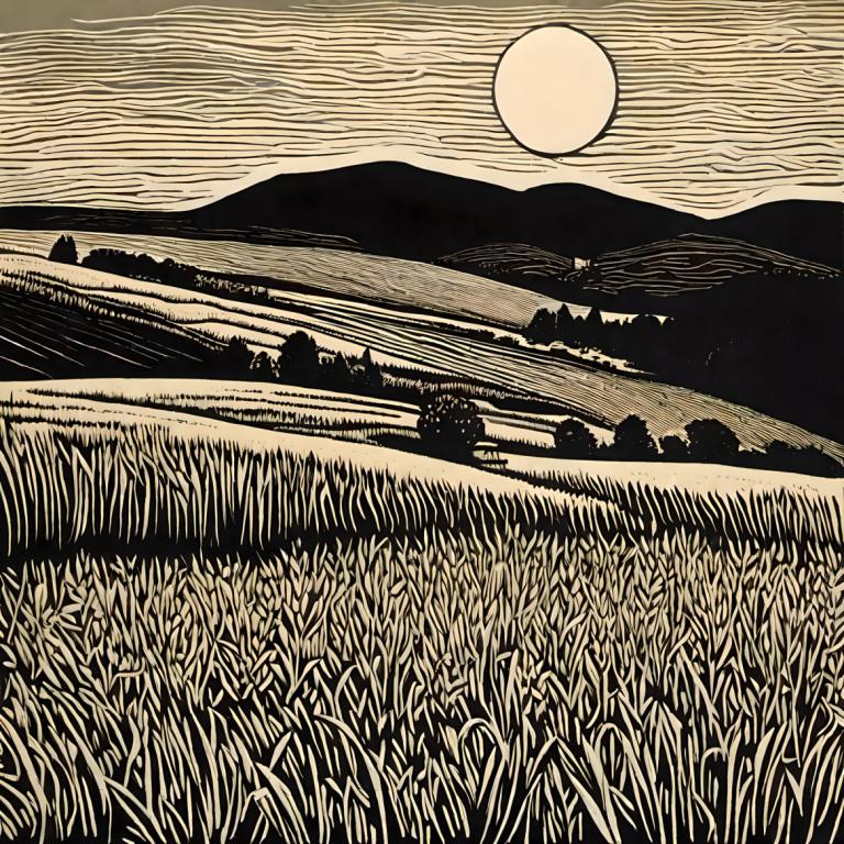 Woodcut,Woodcut, Nature, field, no humans, monochrome, grass, outdoors, sky, scenery, cloud, field, moon, sun