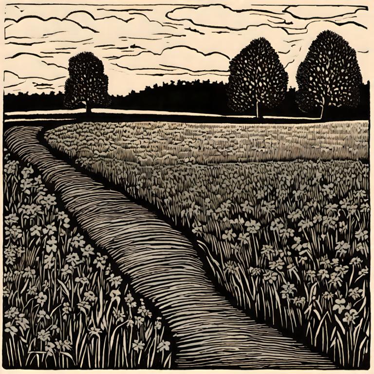 Woodcut,Woodcut, Nature, field, no humans, outdoors, monochrome, flower, cloud, scenery, tree, sky, field