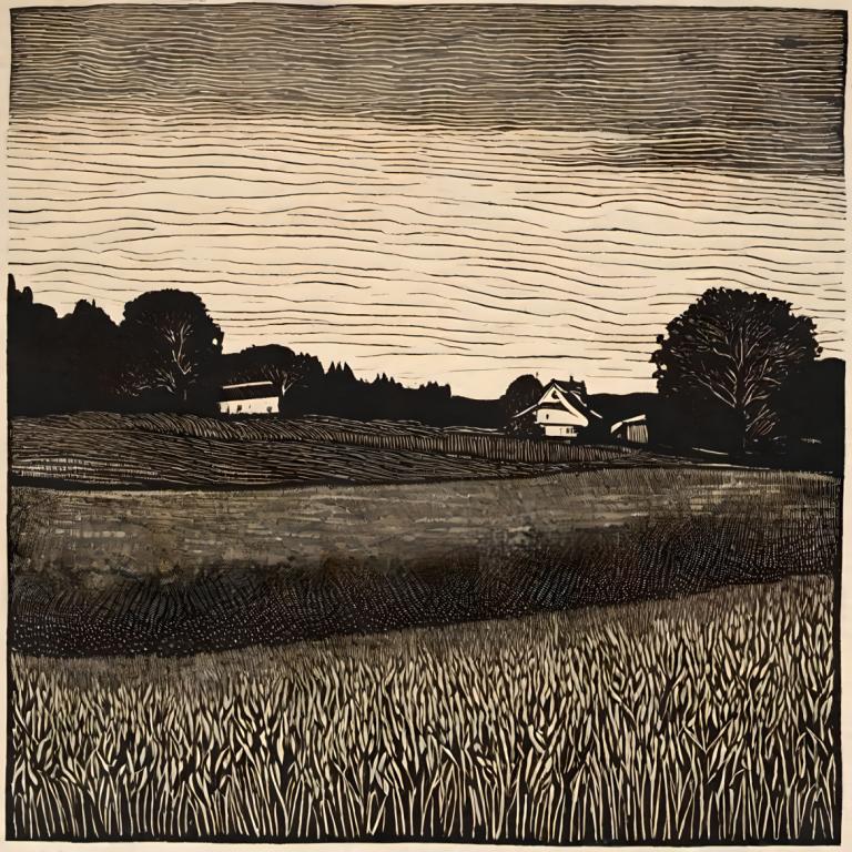 Woodcut,Woodcut, Nature, field, no humans, grass, outdoors, tree, scenery, sky, traditional media, monochrome